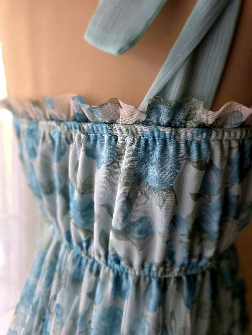 Blue Floral Tiered Maxi Dress Tie Shoulder Cottagecore Wedding Guest MINE Small - Picture 5 of 12